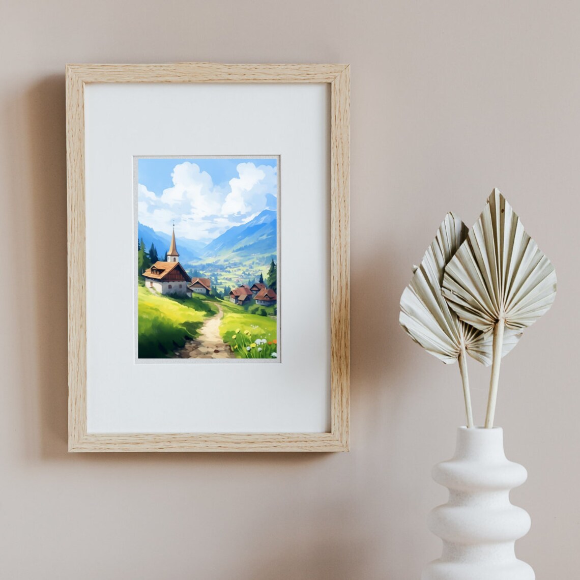 Transylvania Mountain Village with Church Watercolor Art Poster - Image 2