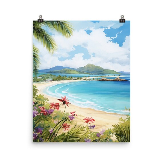 Antigua Caribbean Beach Watercolor Tropical Island Travel Poster