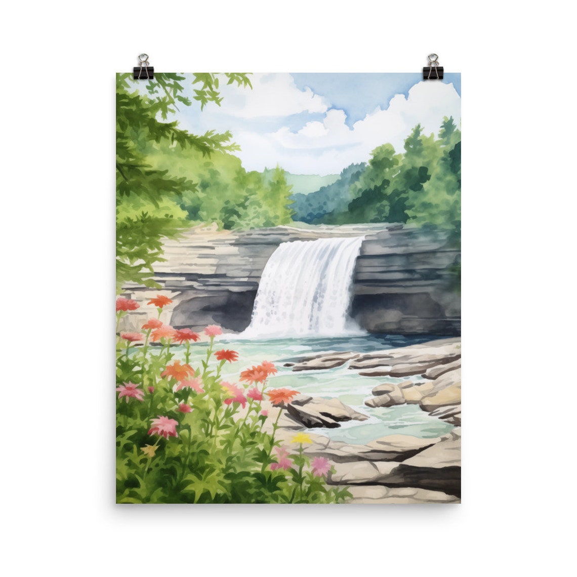 Forest Waterfall Watercolor Wildflowers Nature Landscape Art Poster