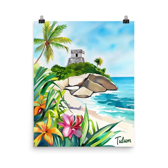 Tulum Mayan Ruins Watercolor Mexico Tropical Beach Travel Poster