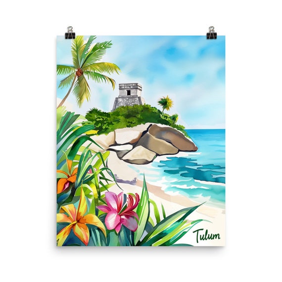 Tulum Watercolor Print Mexico Travel Gift Mexican Wall Art Yucatan Tropical Beach Decor Seaside Poster Mayan Ruins Coastline