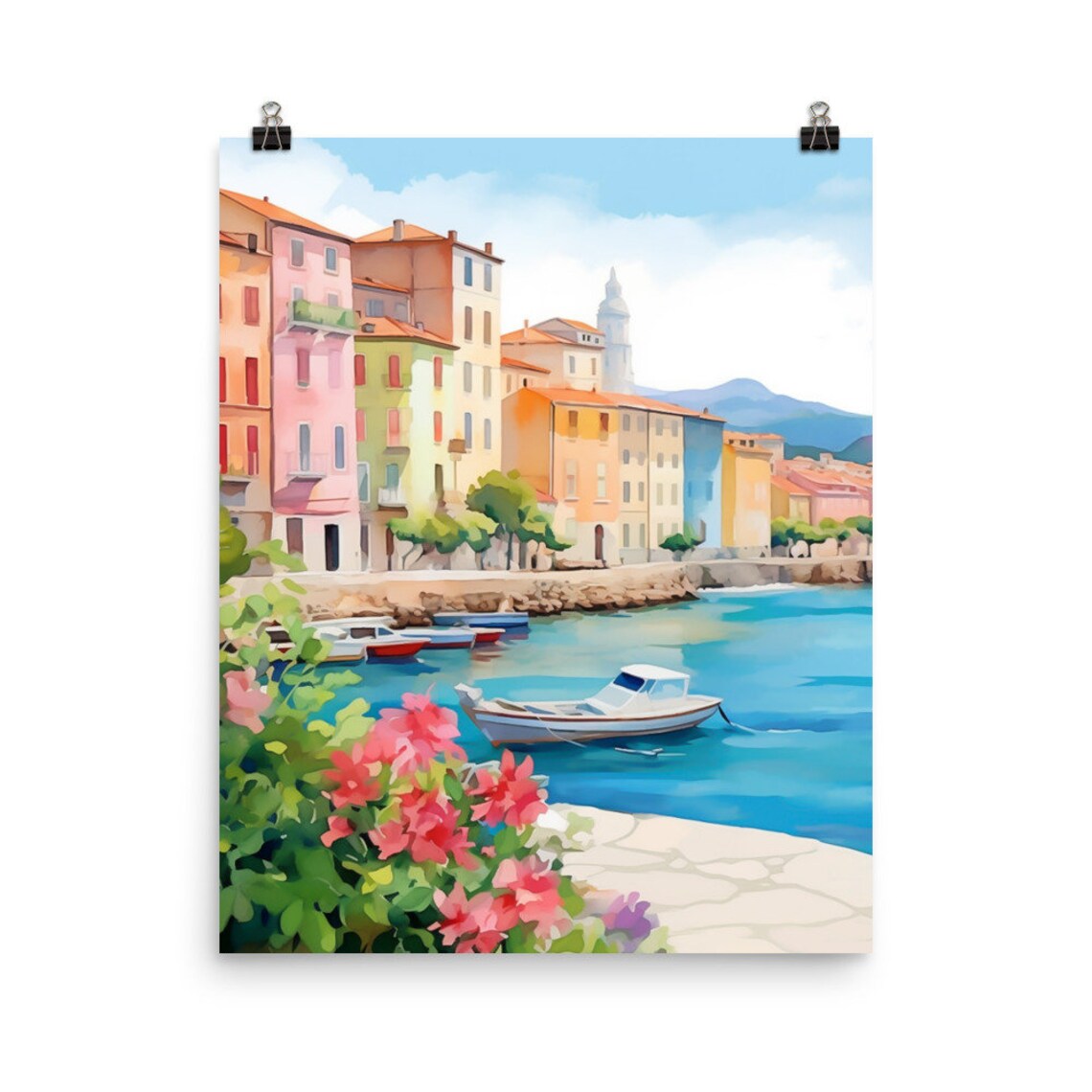 Marseille Harbor Watercolor Poster with Pastel Buildings and Boats