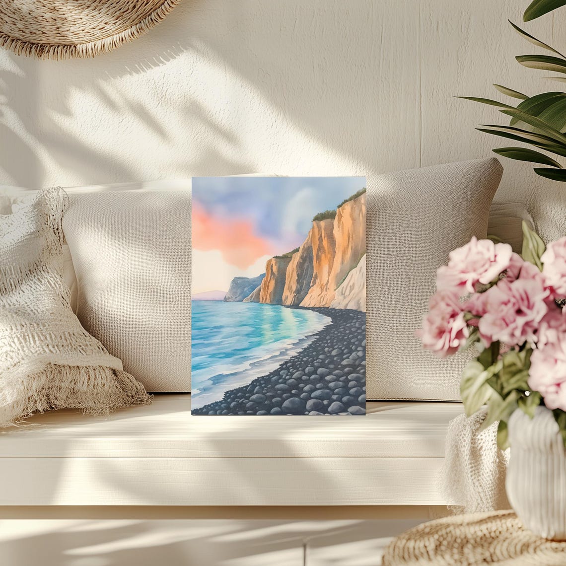 Mavra Volia Black Pebble Beach Chios Greece Watercolor Art Poster