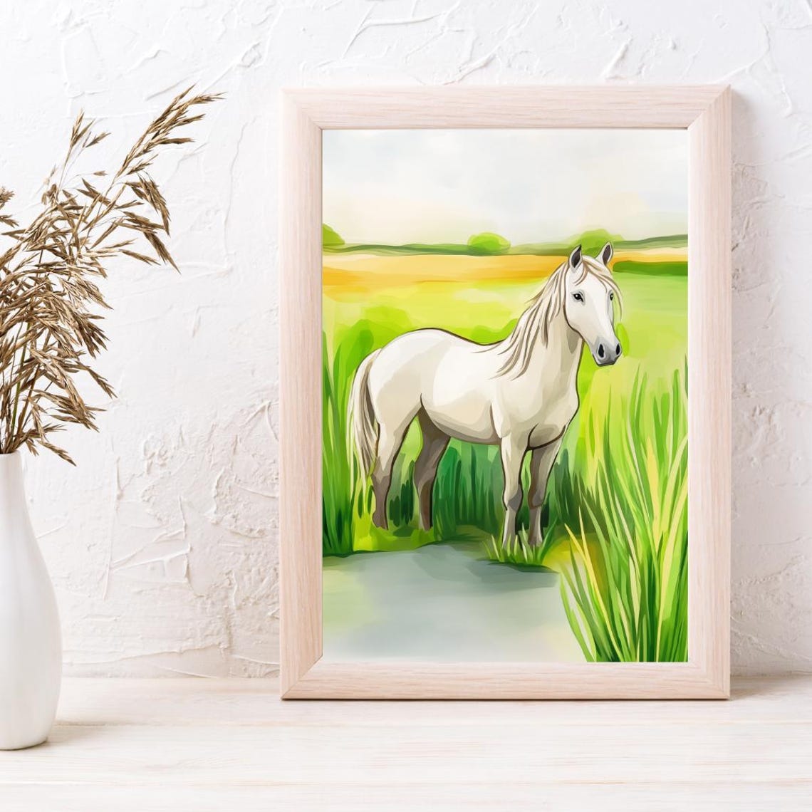 Camargue White Horse Green Marsh Reeds Scene Watercolor Poster - Image 3