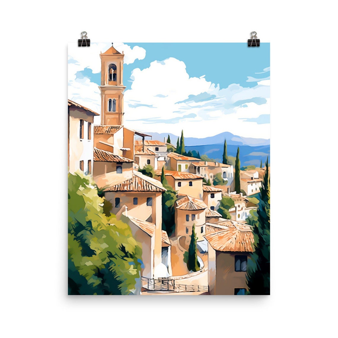 Granada Hill Town with Bell Tower and Terracotta Roofs Poster