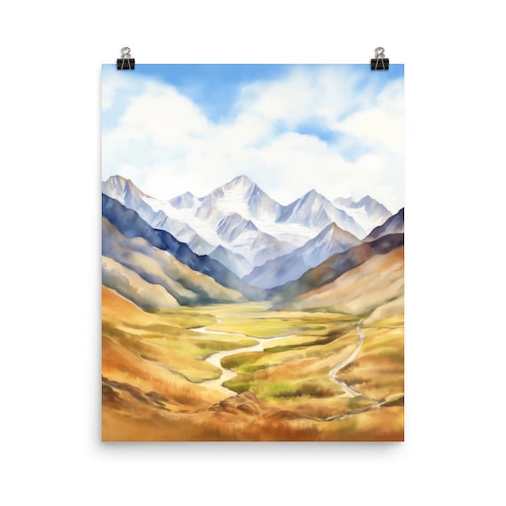 Andes Mountains Golden Valley Watercolor Scenic South America Art Poster