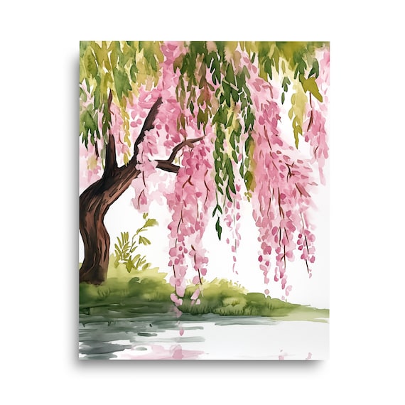 Weeping Cherry Blossom Tree Over Water Watercolor Art Poster