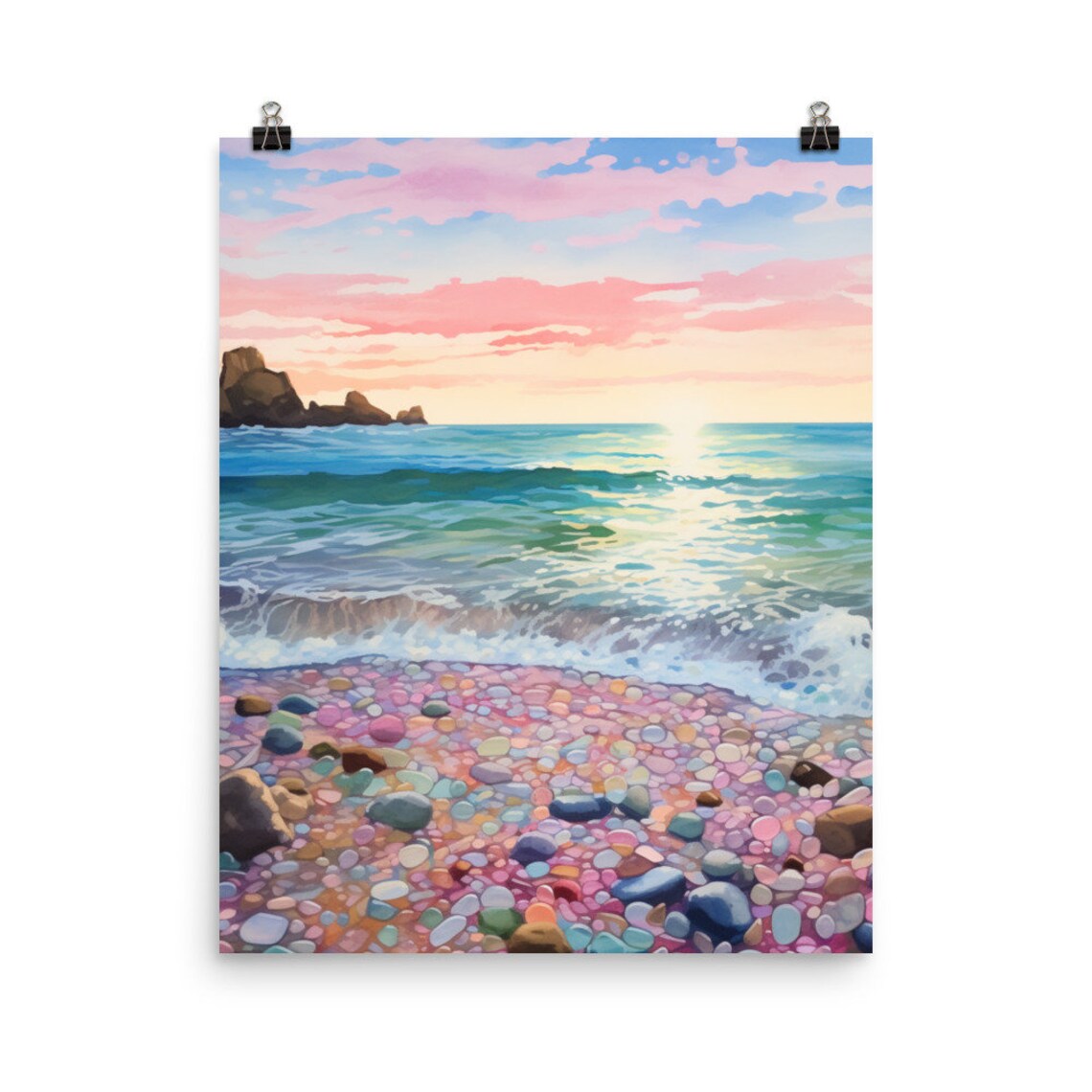 Glass Beach Fort Bragg Sea Glass Pebbles Sunset Watercolor Poster
