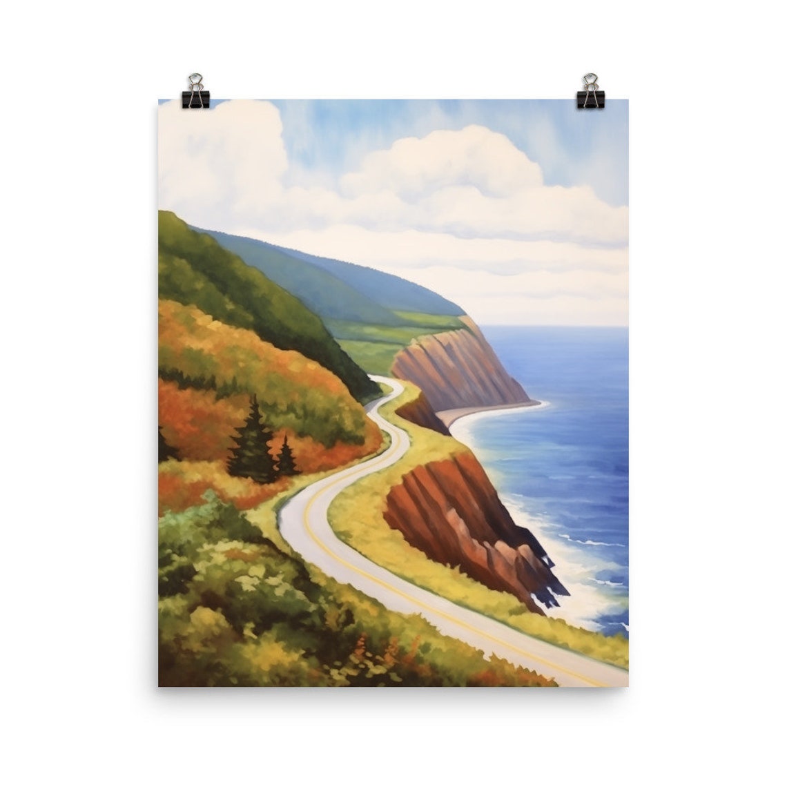 Winding Coastal Cliff Road Through Autumn Forest Canada Poster