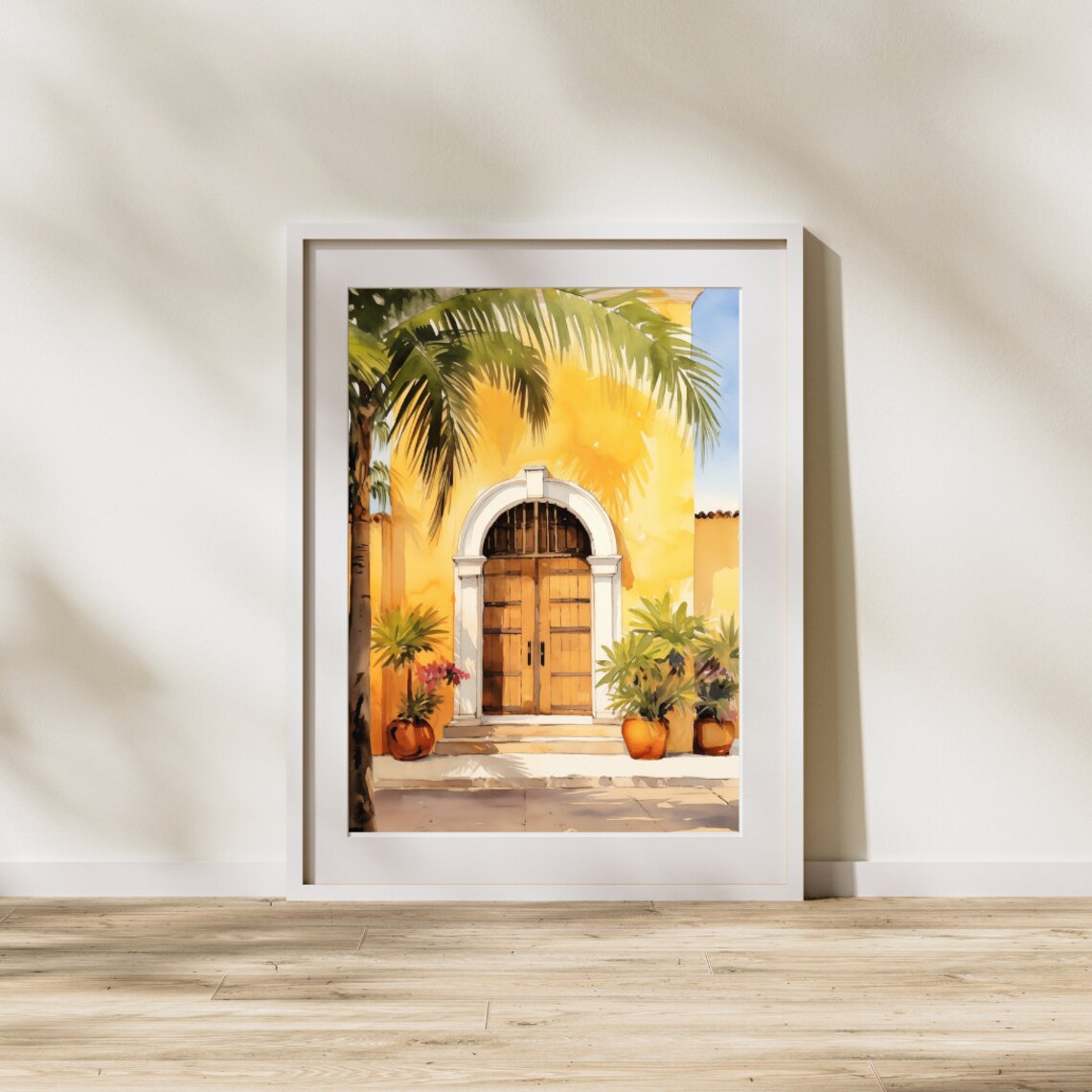 Izamal Yellow Colonial Door With Palm and Potted Plants Poster - Image 3