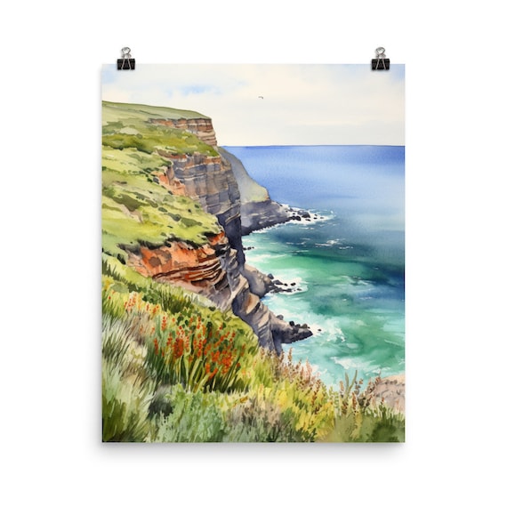 Cape Point South Africa Coastal Cliffs Watercolor Travel Poster
