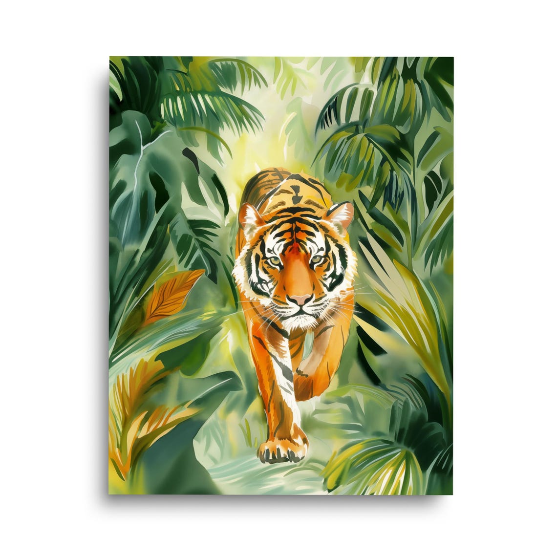 Majestic Tiger Striding Through Lush Jungle Watercolor Wildlife Poster