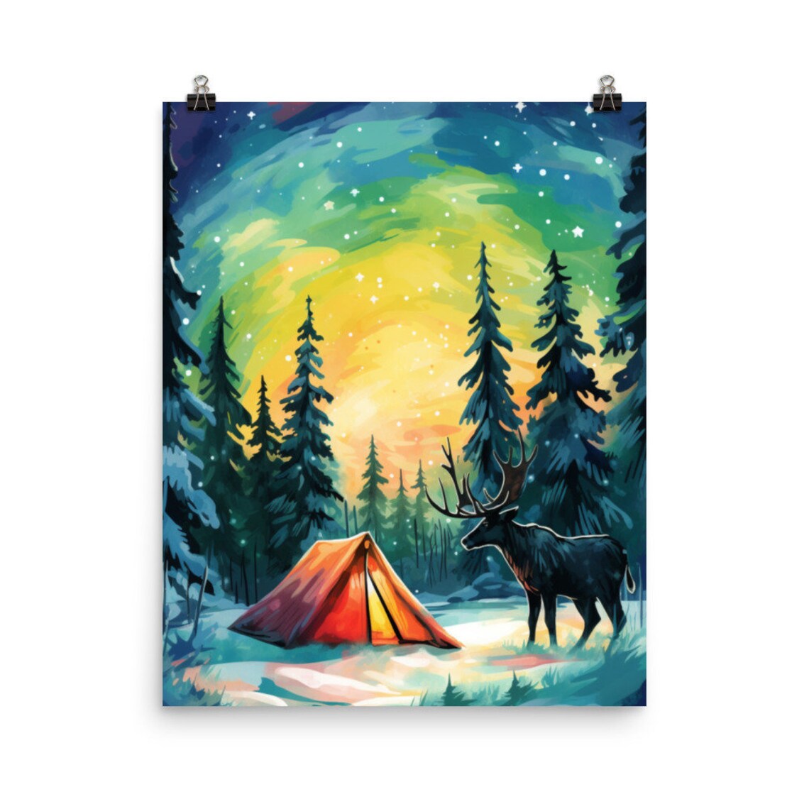 Lapland Winter Night Aurora Tent and Reindeer Watercolor Poster