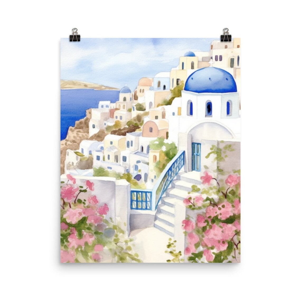 Santorini Watercolor Travel Poster, Oia Greece
