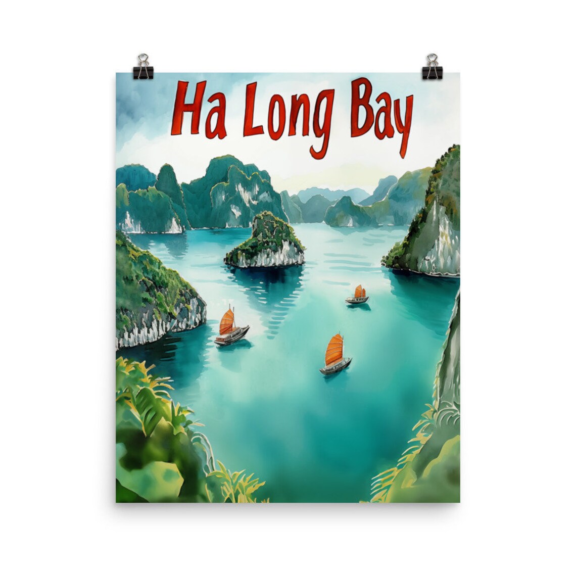 Ha Long Bay Vietnam Vintage Travel Poster with Junk Boats and Karsts