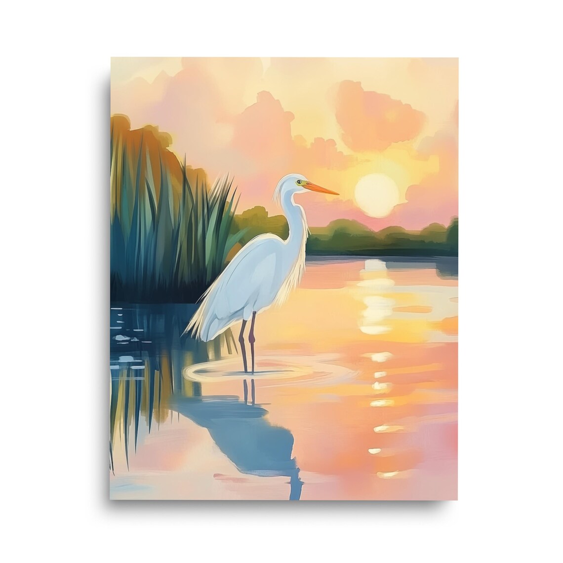 Pastel Marsh Crane Watercolor Art Print, Wetlands