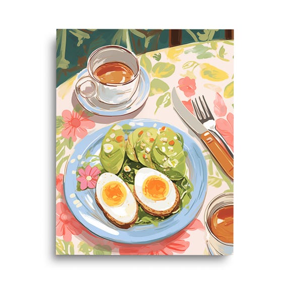 Avocado Toast Watercolor Print Breakfast Poster Coffee Painting Food Wall Art Boiled Eggs Restaurant