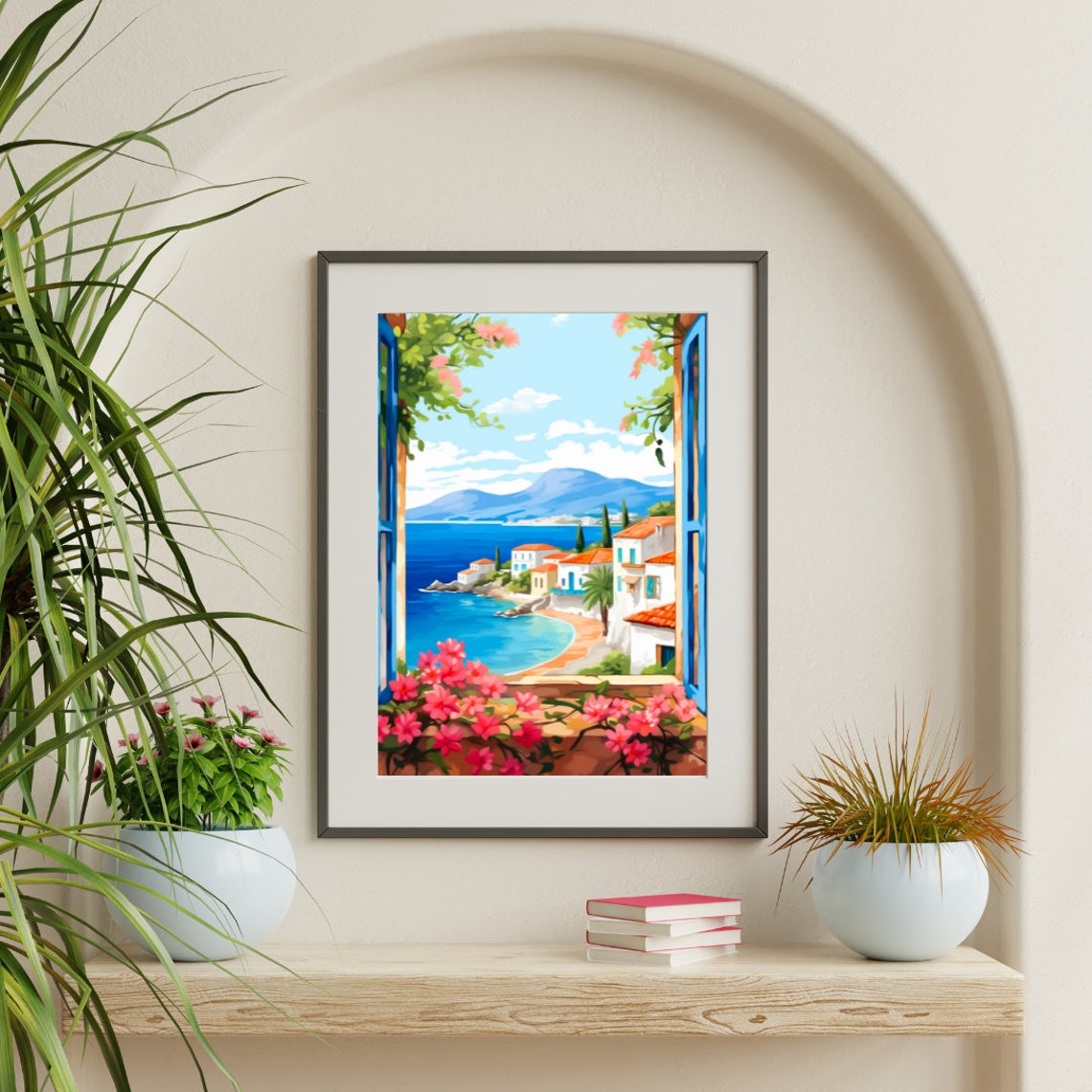 Lefkada Blue Shutter Coastal Village Sea View Watercolor Poster - Image 3
