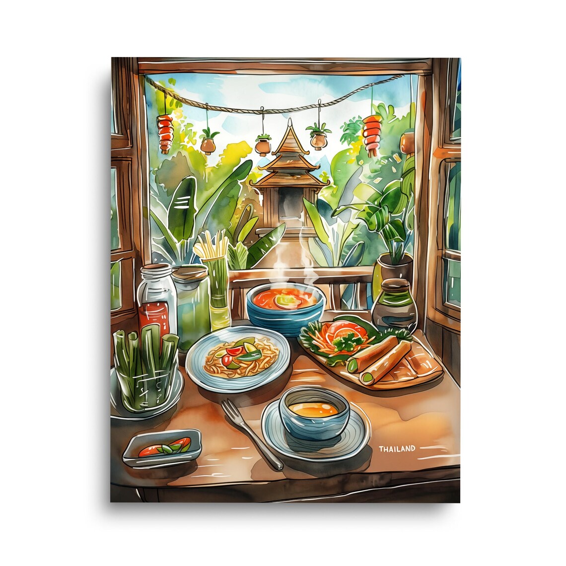 Thailand Kitchen Watercolor Art Print, Thai Cooking
