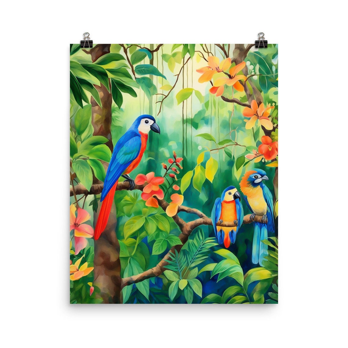 Amazon Rainforest Parrots Tropical Birds Watercolor Jungle Poster