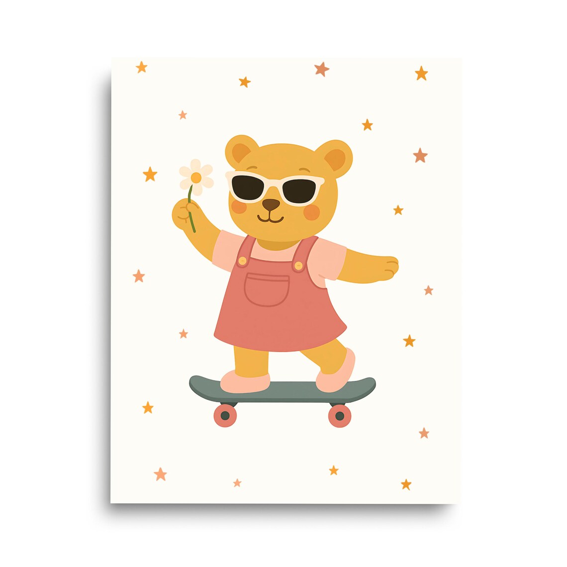 Cute Bear On Skateboard With Sunglasses Kids Nursery Art Poster