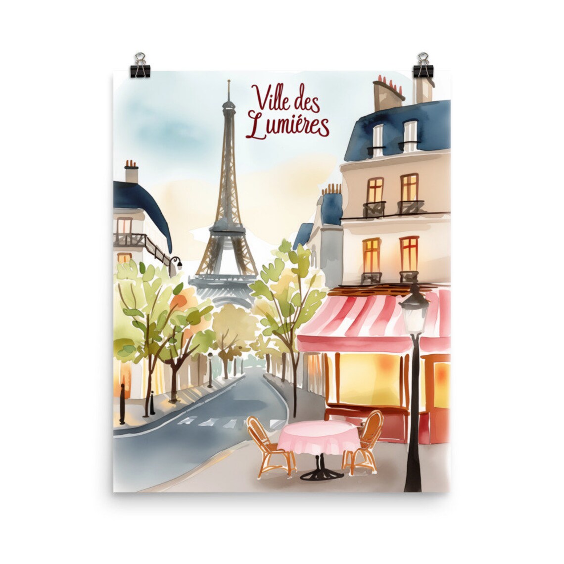 Ville des Lumieres Parisian Street and Eiffel Tower Watercolor Poster
