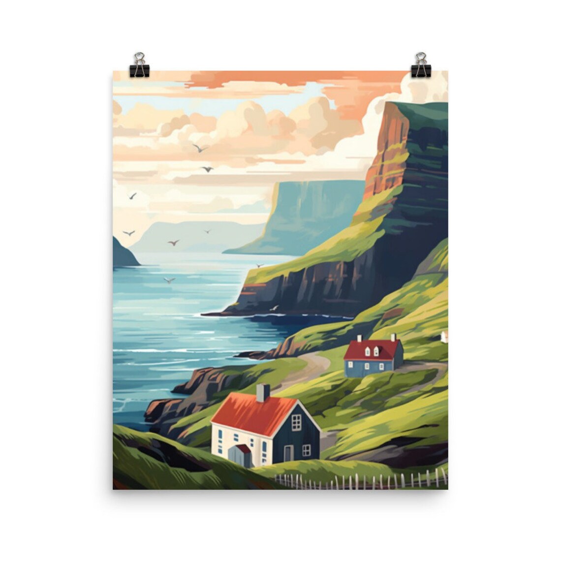 Faroe Islands Sea Cliffs Green Grass Houses Watercolor Poster