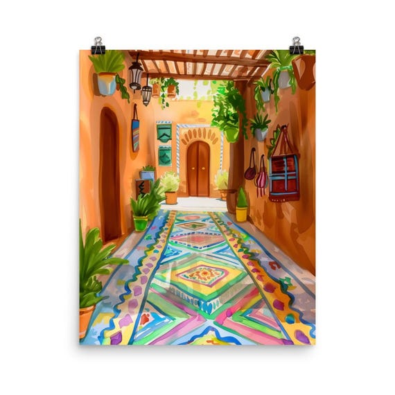 Fez Watercolor Print Morocco Travel Gift Moroccan Wall Art North Africa Home Decor Alleyway Arabesque Rug Painting