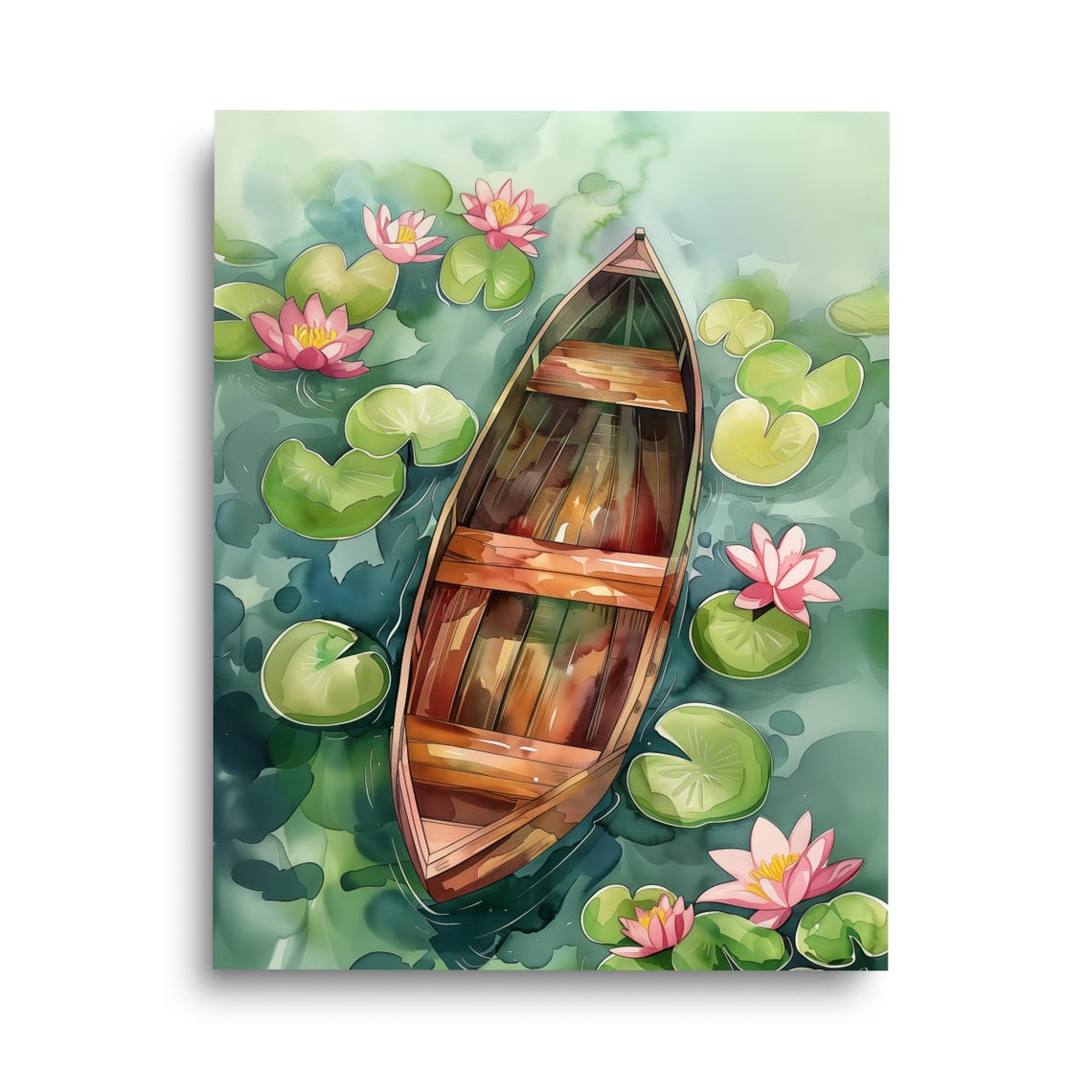 Wooden Rowboat Among Pink Water Lilies Top-Down Watercolor Art Poster