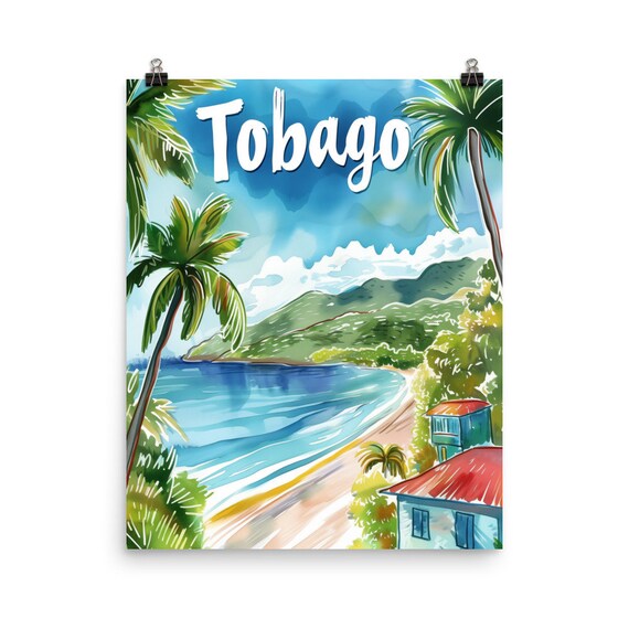 Tobago Caribbean Watercolor Palm Beach Coastal Island Travel Poster