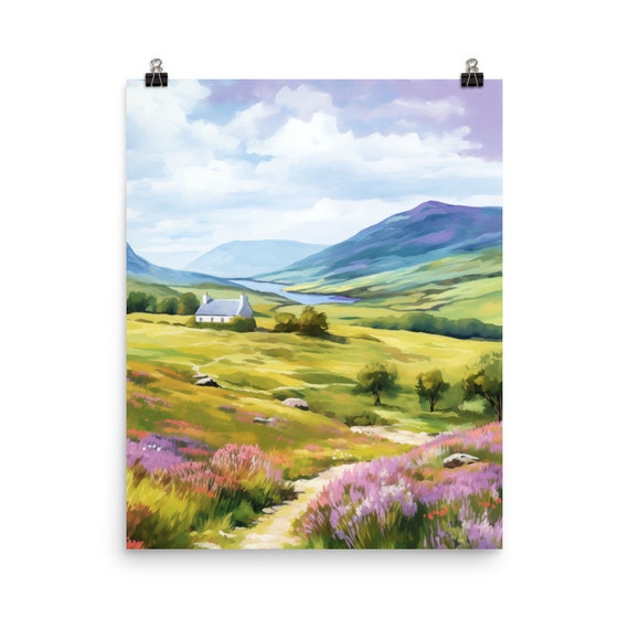 Scottish Highlands Watercolor Travel Poster, Rural Landscape