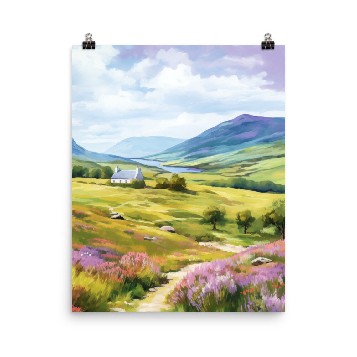 Scottish Highlands Watercolor Travel Poster, Rural Landscape