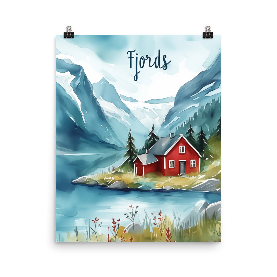 Fjords Red Lakeside Cabin Beneath the Snowy Peaks Travel Poster