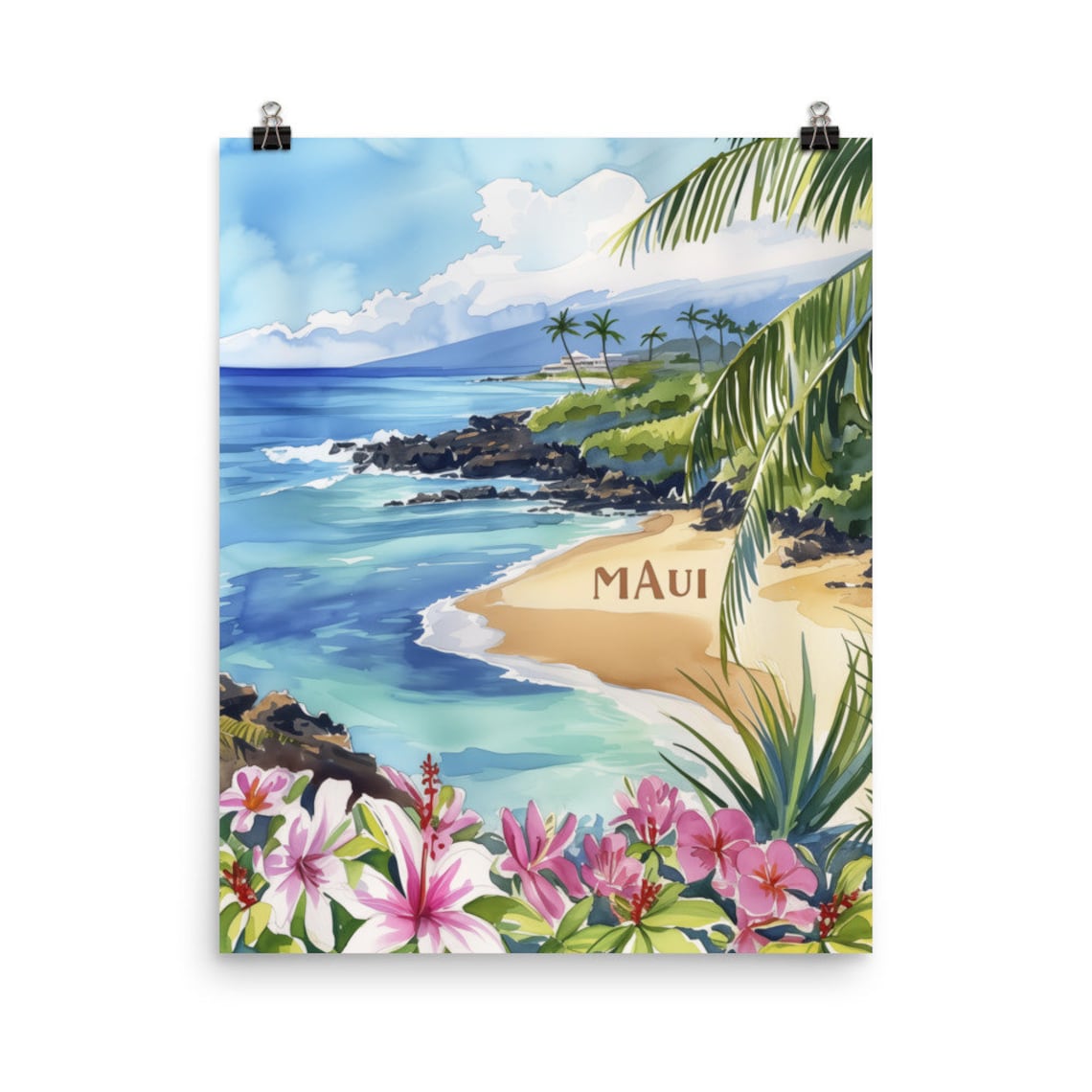 Maui Rocky Cove Palm Beach Hibiscus Watercolor Travel Poster