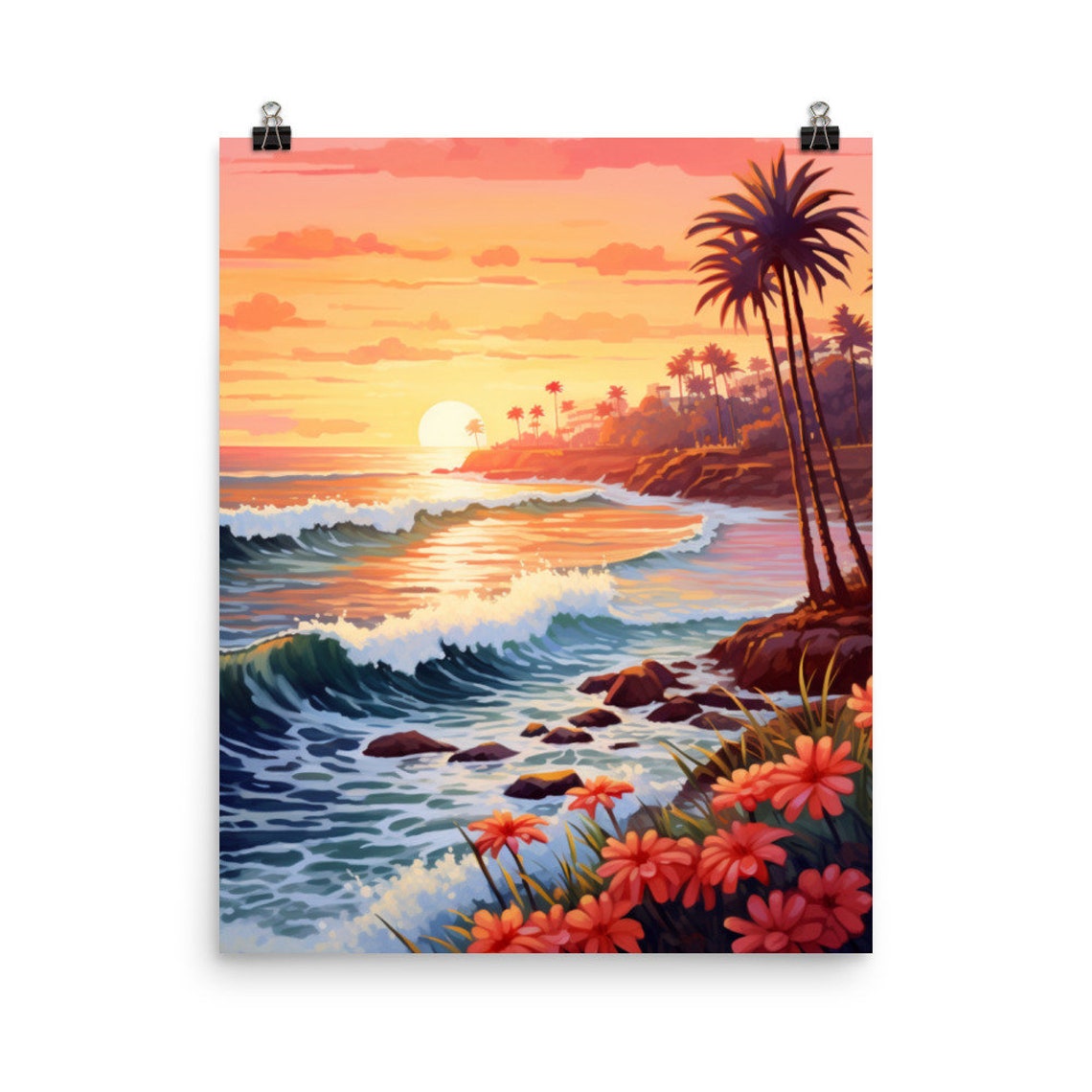 Orange County Sunset Over Rocky Cliffs and Ocean Waves Poster