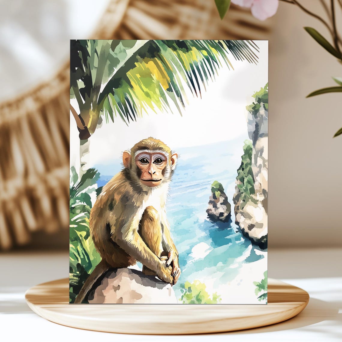 Long Tailed Macaque Monkey Watercolor Bali Coastal Art Poster