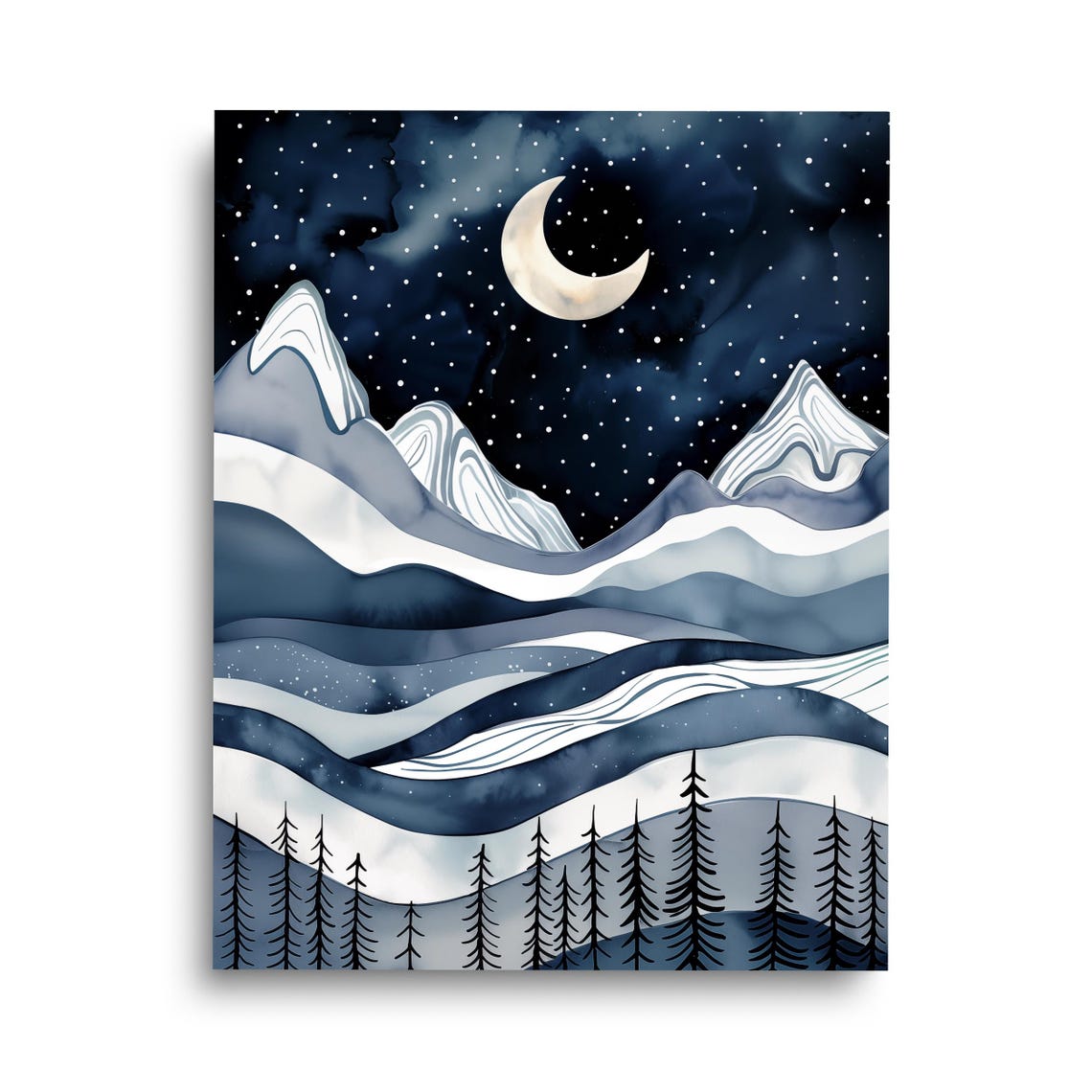 Starry Night Crescent Moon Snowy Mountain Watercolor Art Poster