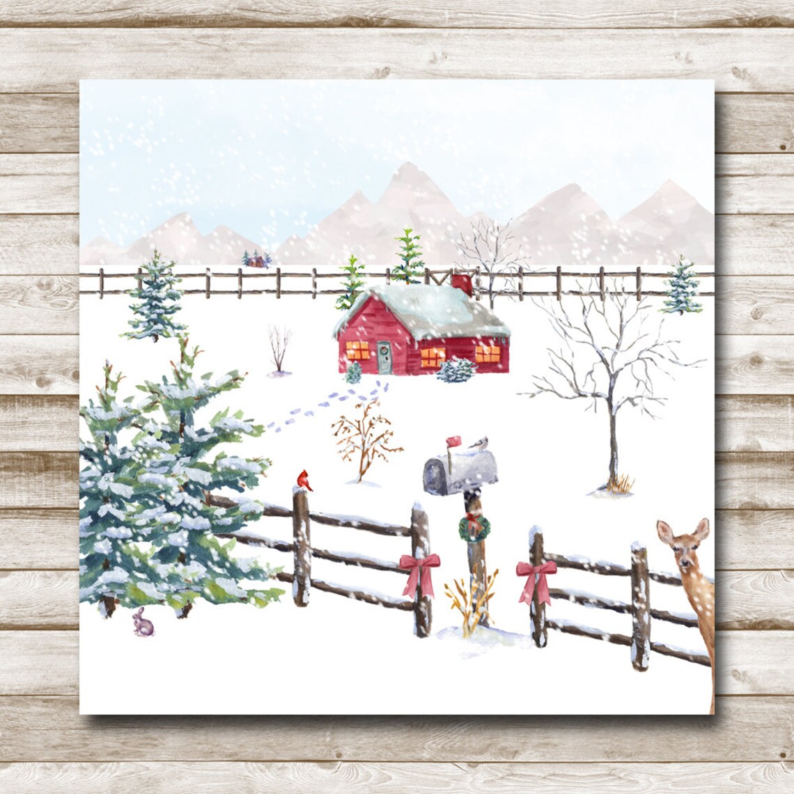 Country Christmas Square 4x4 Up To 20x20 Christmas Wall Art Holiday Decor Watercolor Woodland Winter Print Diy Tiered Tray Decor - Image 4