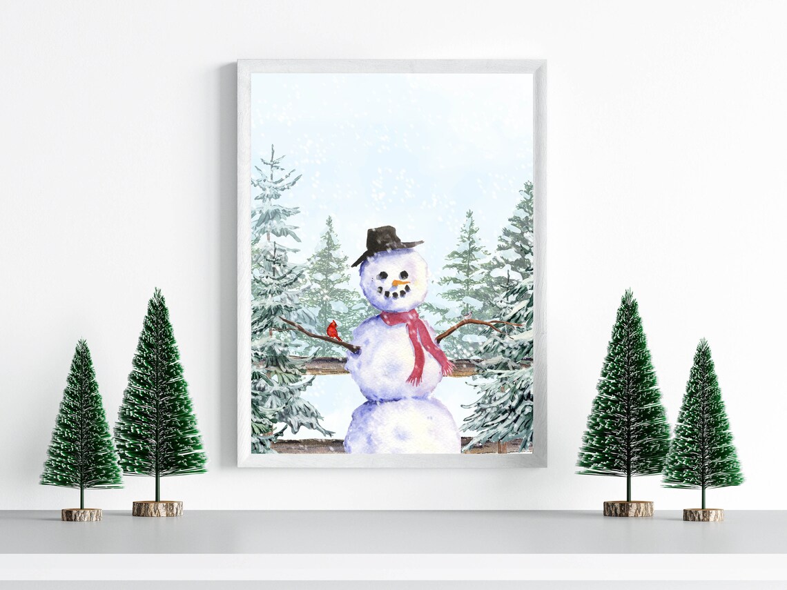 Snowman With Top Hat Cardinal Watercolor Snowy Evergreen Winter Scene Poster - Image 3