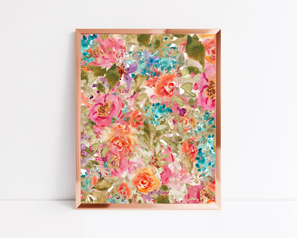 Abstract Watercolor Floral in Pink Coral and Teal Botanical Wall Poster - Image 3