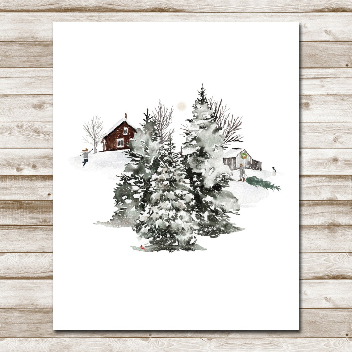 Snowy Country Farm Winter Watercolor Barn and Pines Holiday Wall Art - Image 4