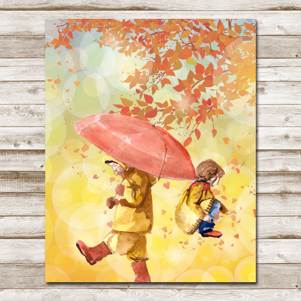 Children with Red Umbrella Autumn Rain Watercolor Kids Wall Art - Image 4