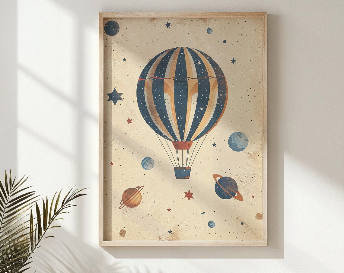 Vintage Hot Air Balloon Planets Stars Cosmic Adventure Kids Poster