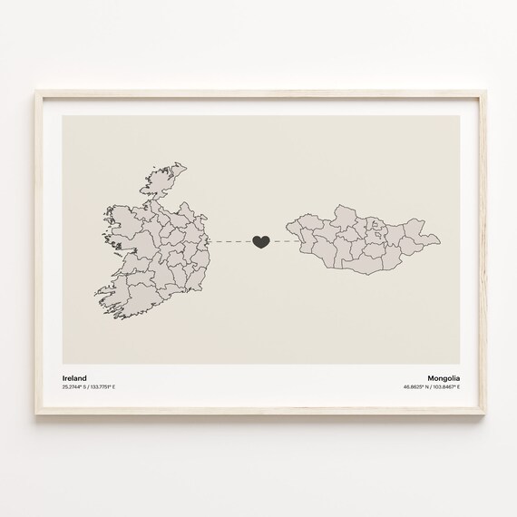 Ireland to Mongolia Long Distance Love Heart Connection Map Poster