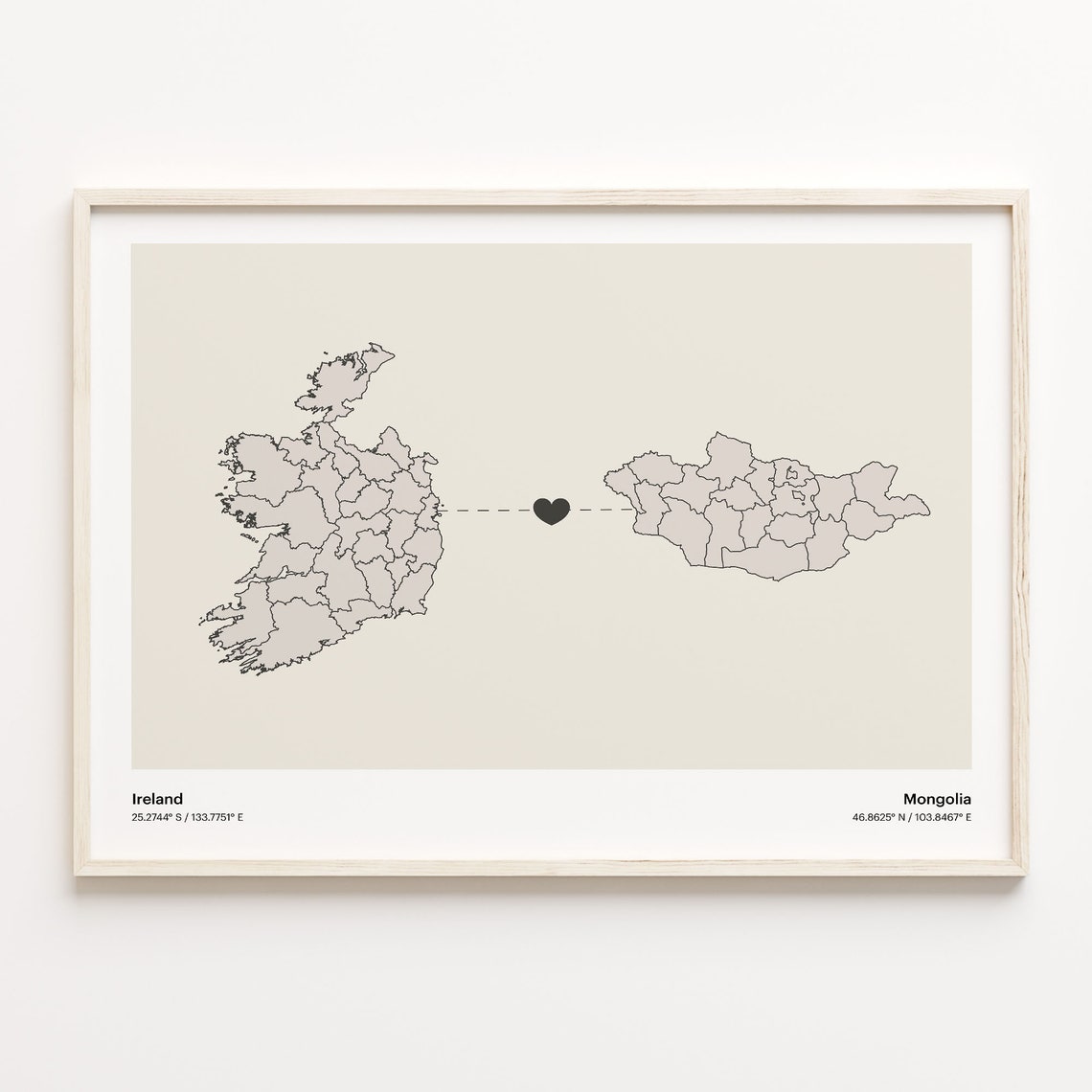 Ireland to Mongolia Long Distance Love Heart Connection Map Poster