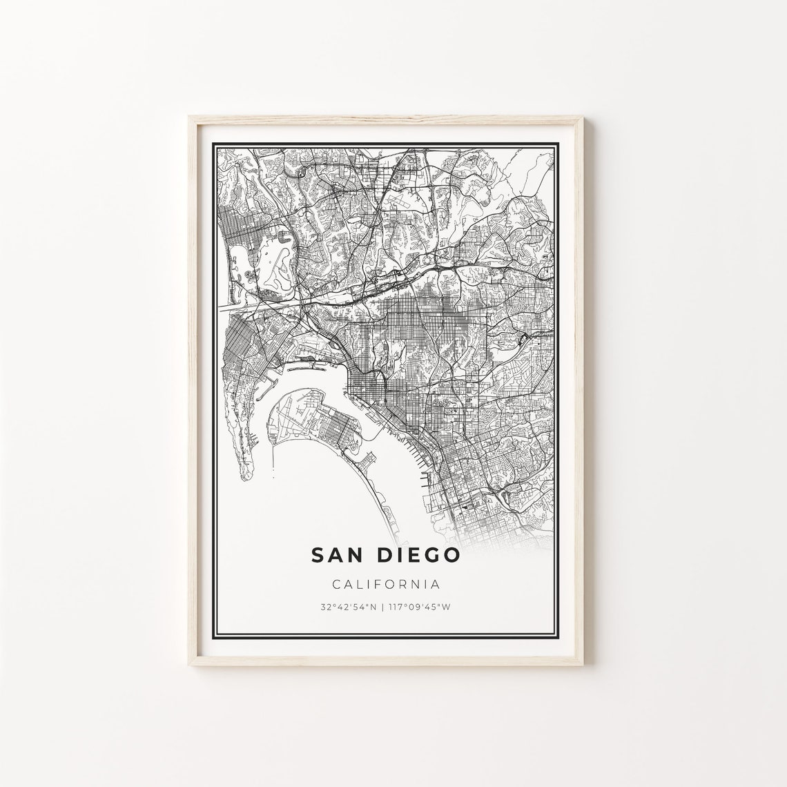 San Diego California Minimalist Black and White City Map Poster