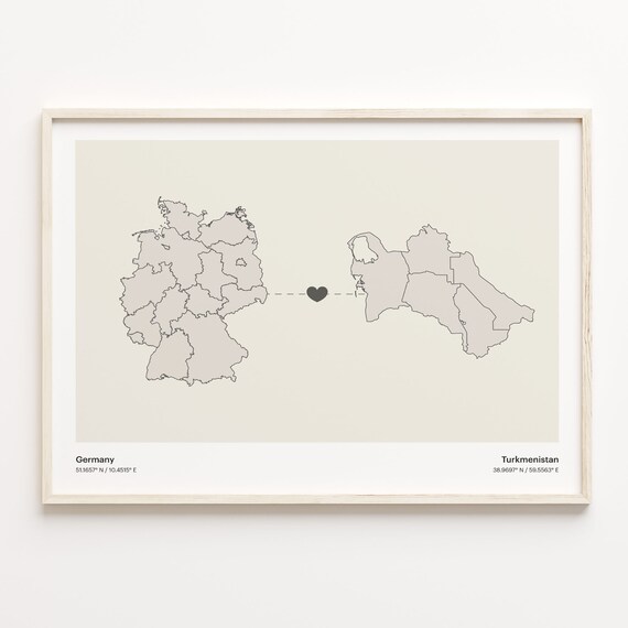 Germany Turkmenistan Long Distance Heart Connection Map Poster