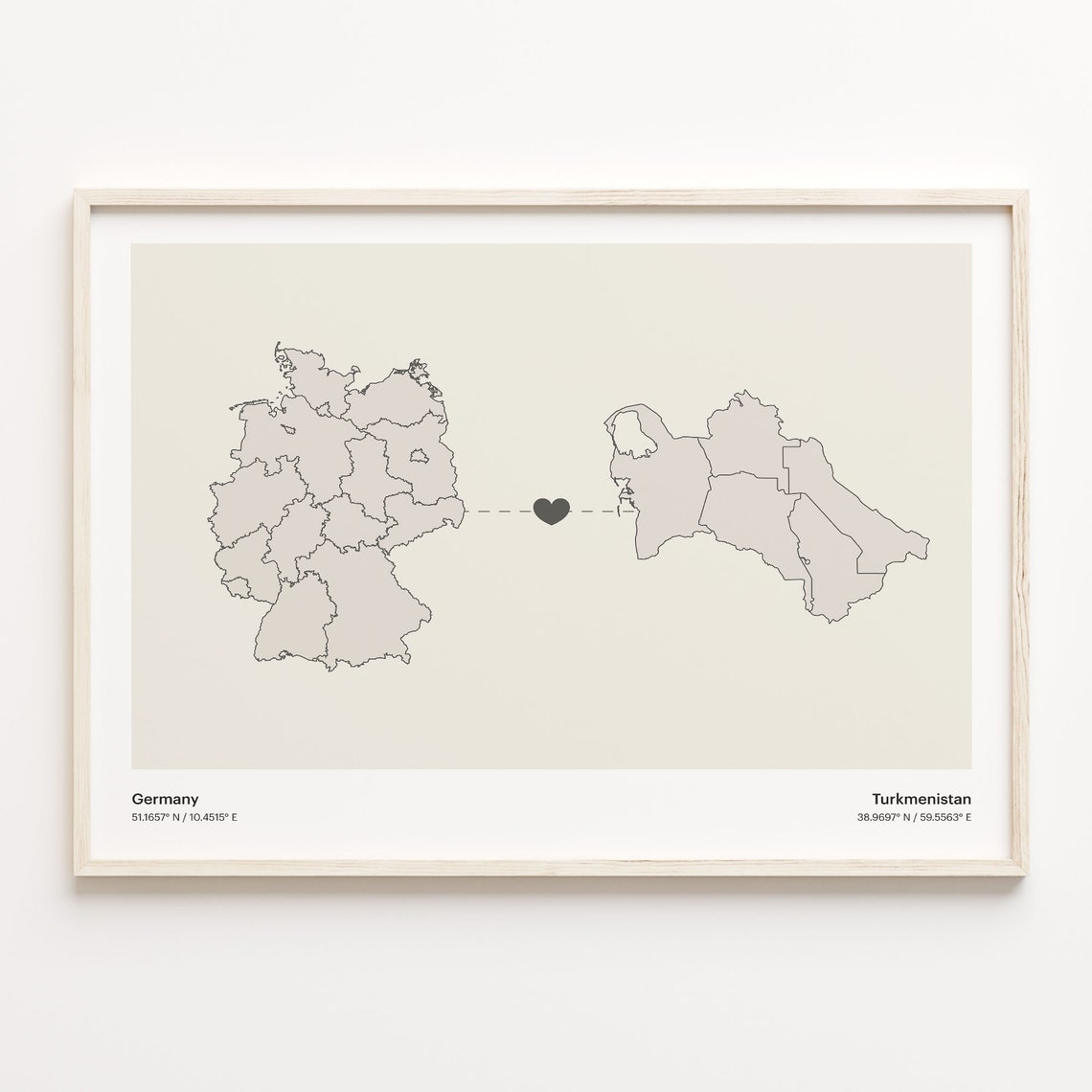 Germany Turkmenistan Long Distance Heart Connection Map Poster