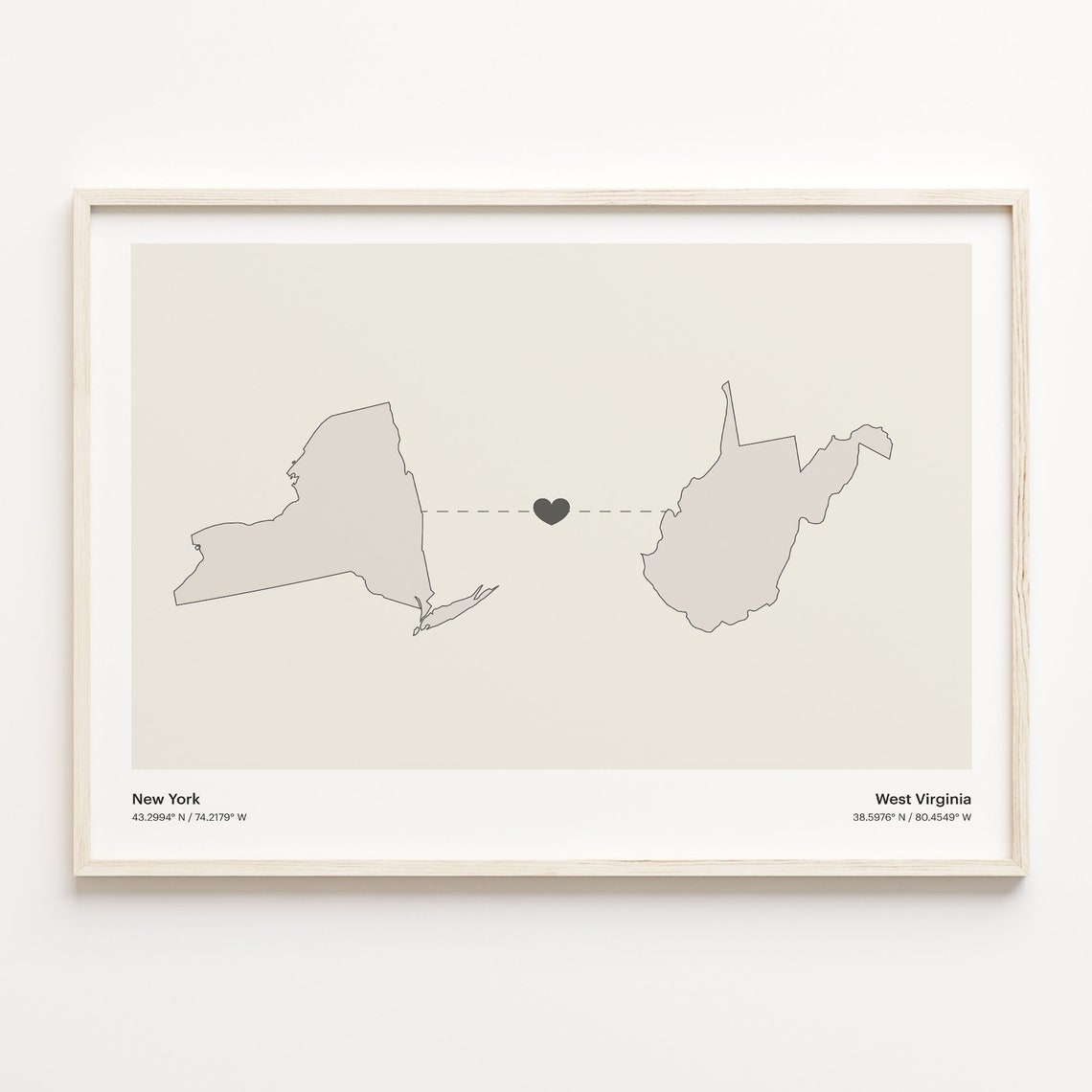 New York To West Virginia Minimalist Heart Connection Map Poster