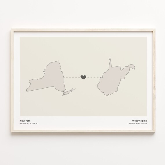 New York To West Virginia Minimalist Heart Connection Map Poster